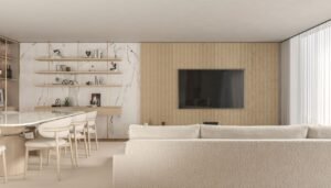 A sleek and contemporary living room with minimalist furnishings and decor.